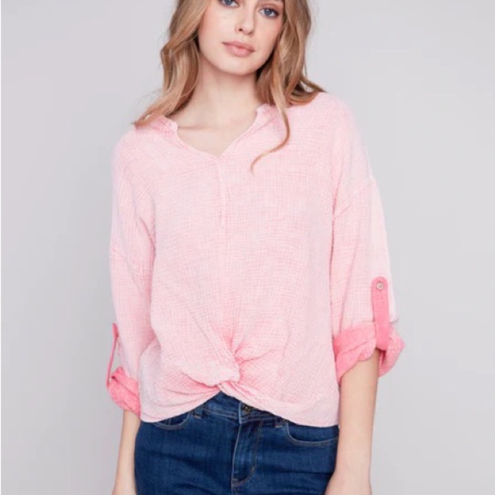 CHARLIE B front twist‎ style blouse in Light Pink